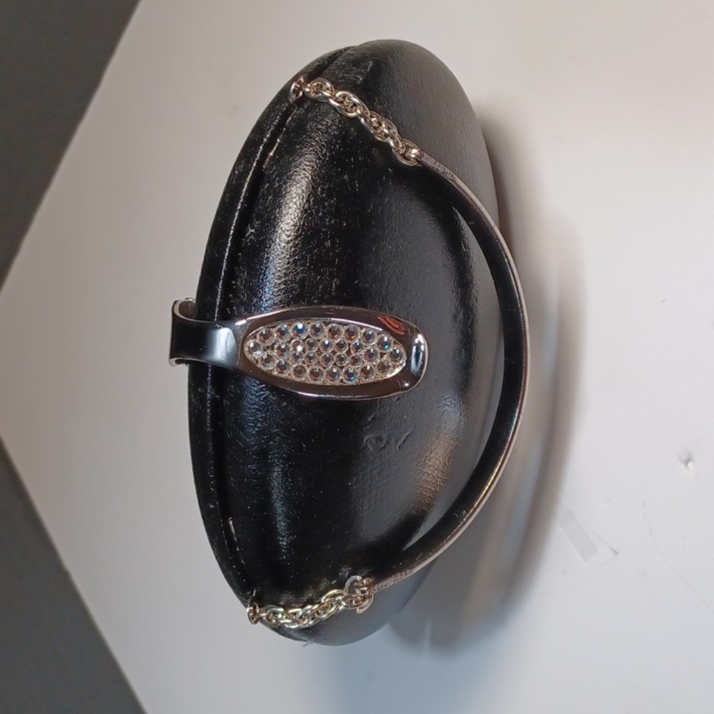 Chic Black Oval Clutch with Silver Chain Evening Bag